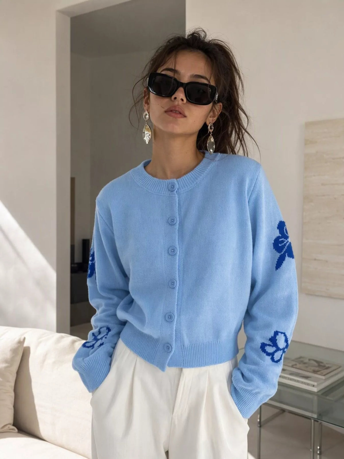 Floral Crew Neck Cropped Knit Cardigan