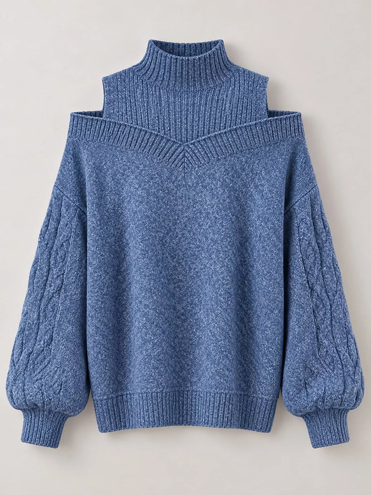 Full Size Cold Shoulder Mock Neck Cable Knit Sweater Plus Size