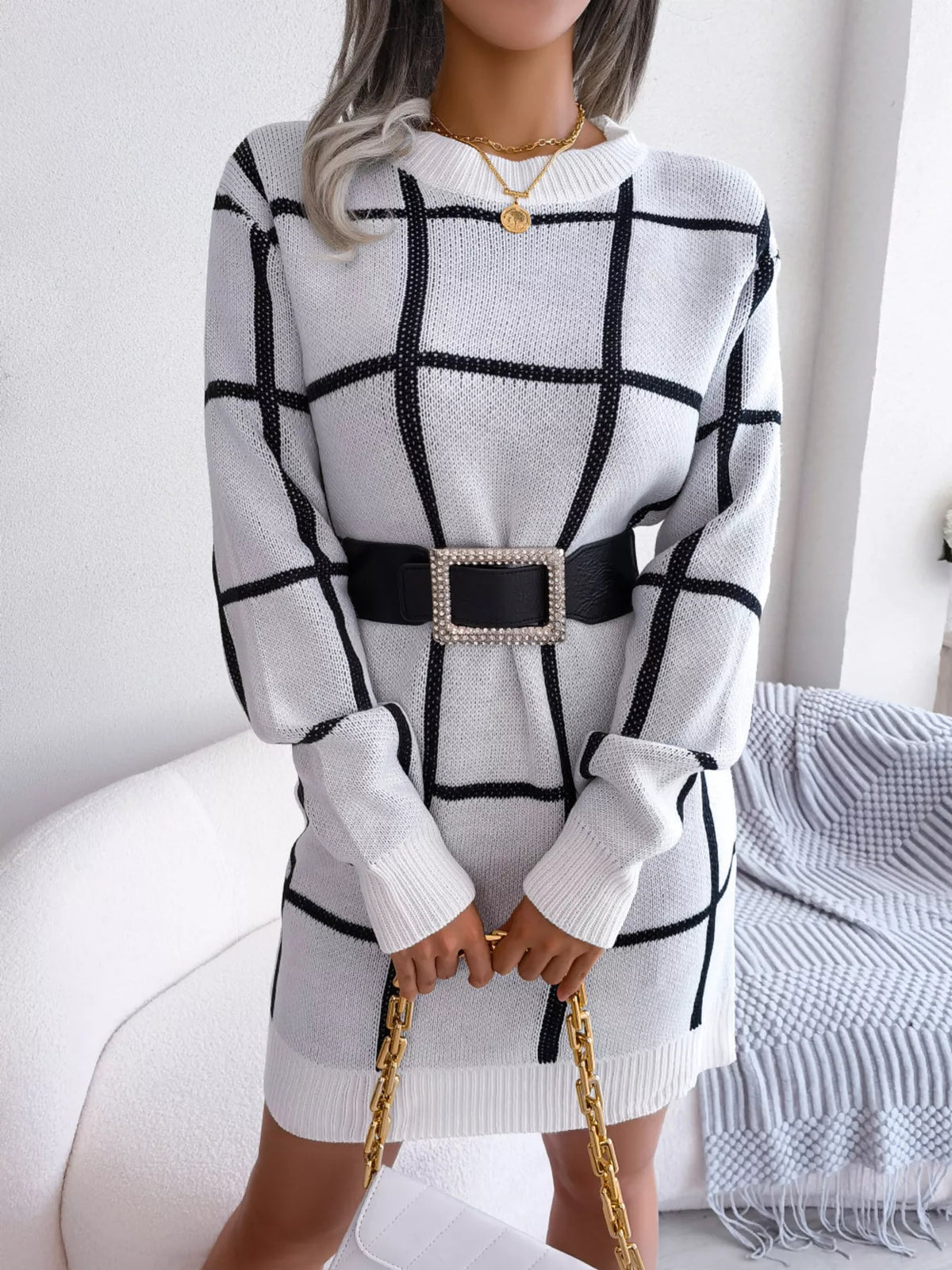 Plaid Pattern Long Sleeve Sweater Dress