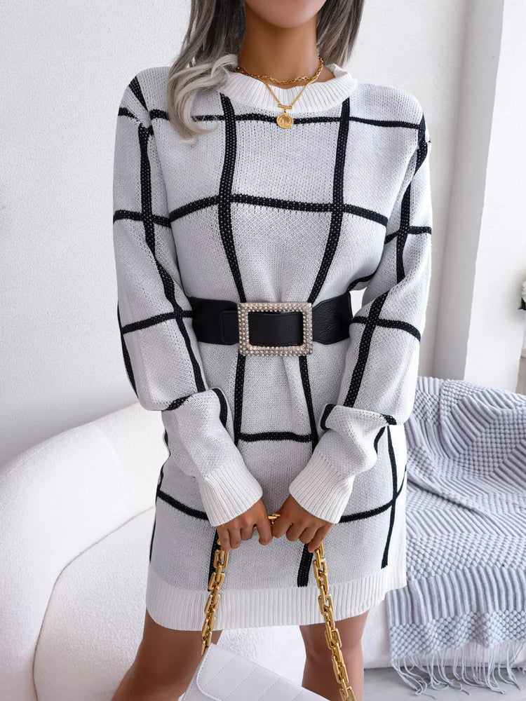 Plaid Pattern Long Sleeve Sweater Dress