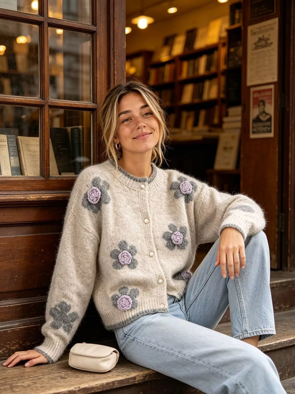Floral Applique Button-Down Knit Cardigan