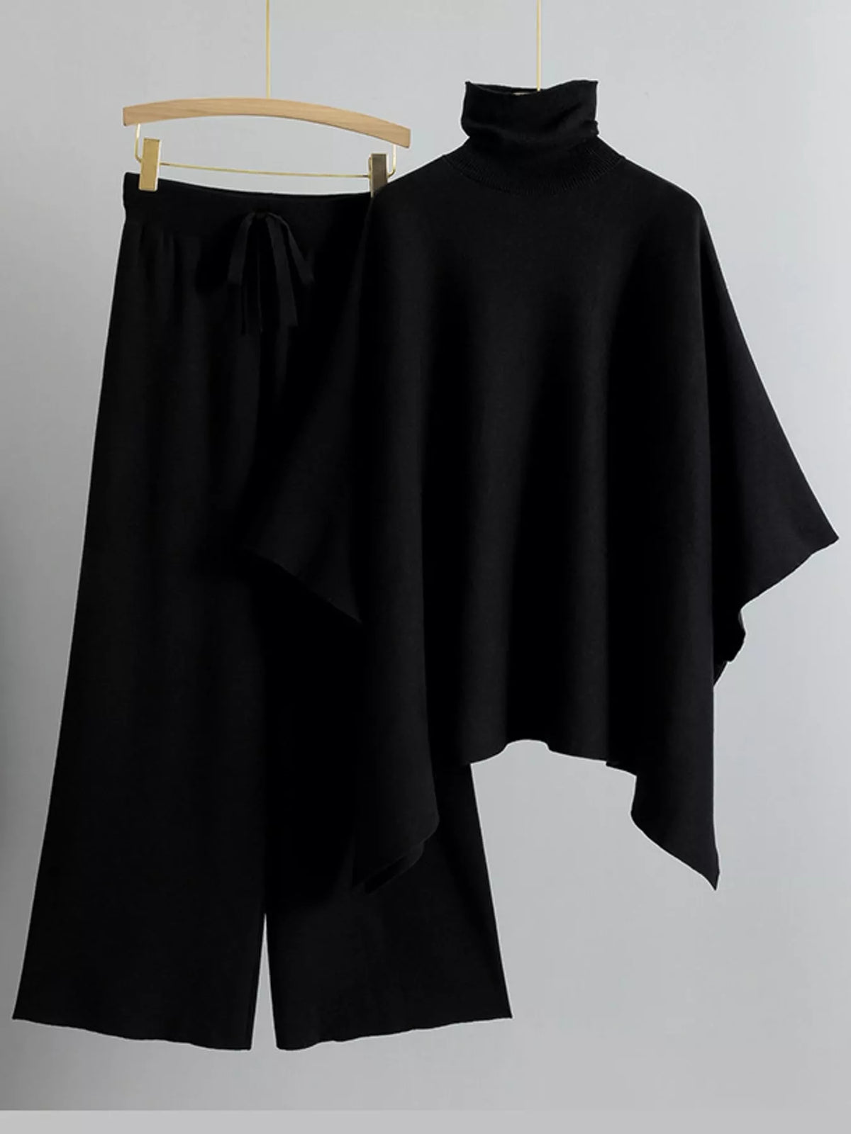 Elegant Turtleneck Poncho Sweater and Wide-Leg Knit Pants Set