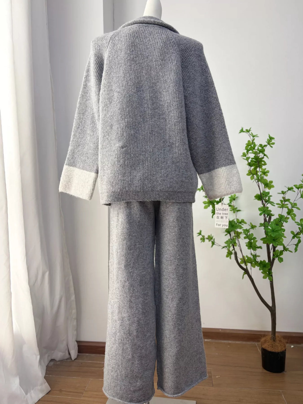 Zip-Up Contrast Cuff Cardigan and Pants Sweater Set