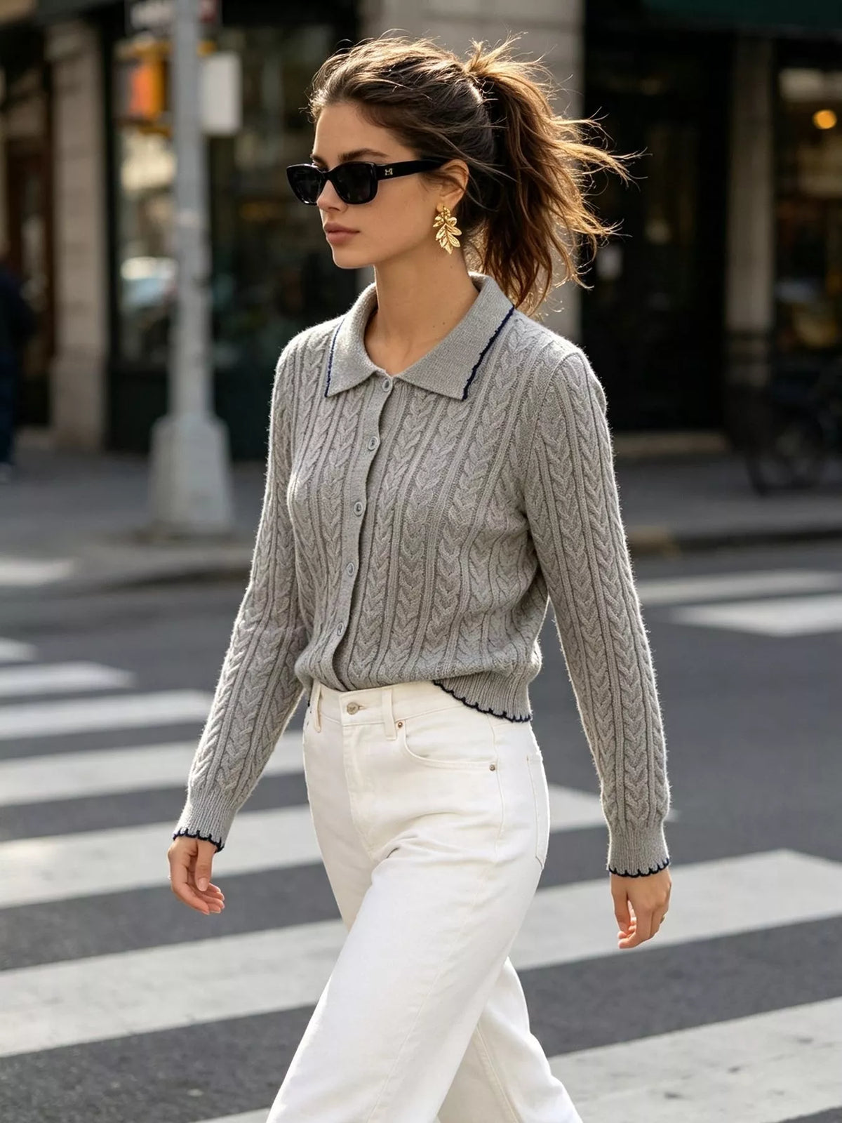 Cable Knit Polo Collar Button-Up Cardigan