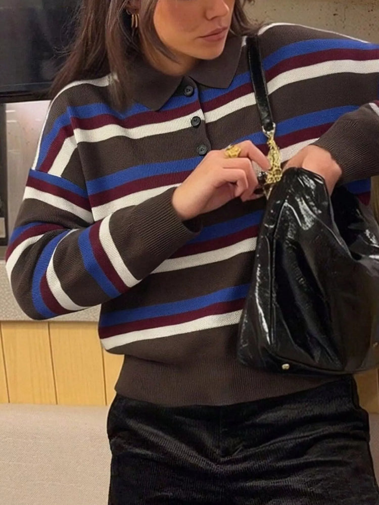 Striped Polo Collar Knit Sweater