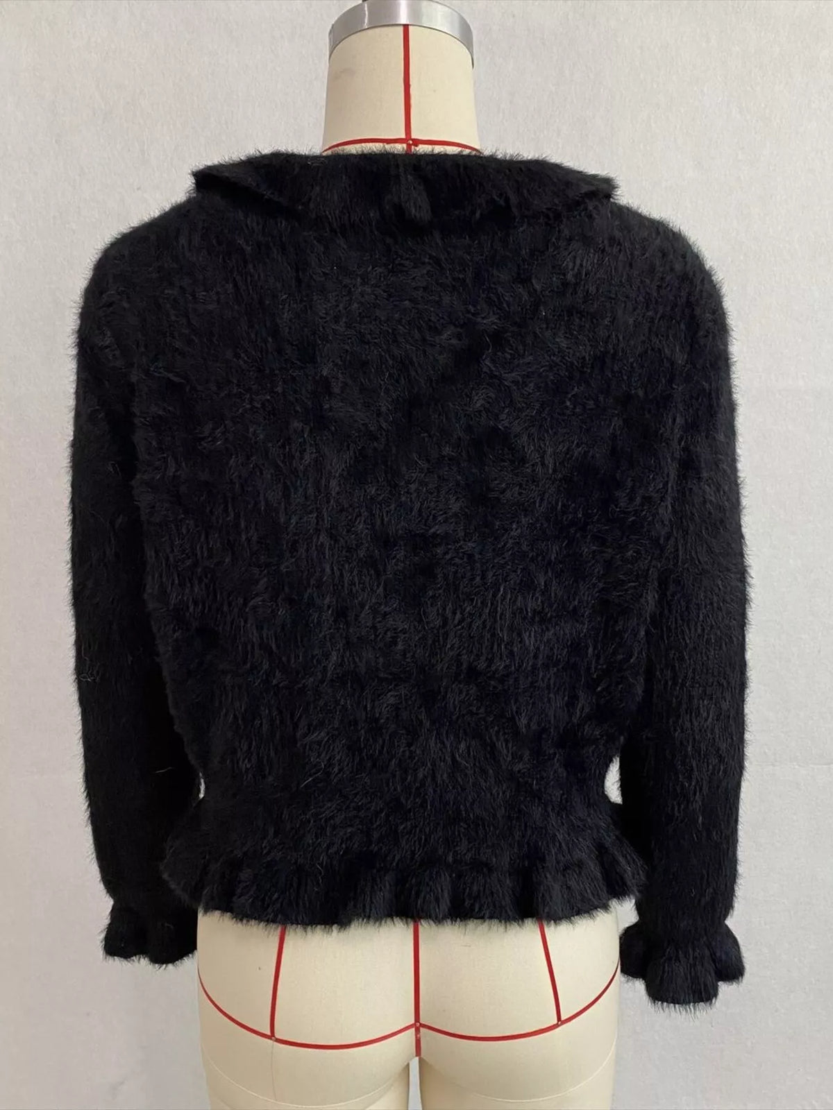 Soft Fuzzy Cardigan with Ruffled Collar and Pearl Buttons