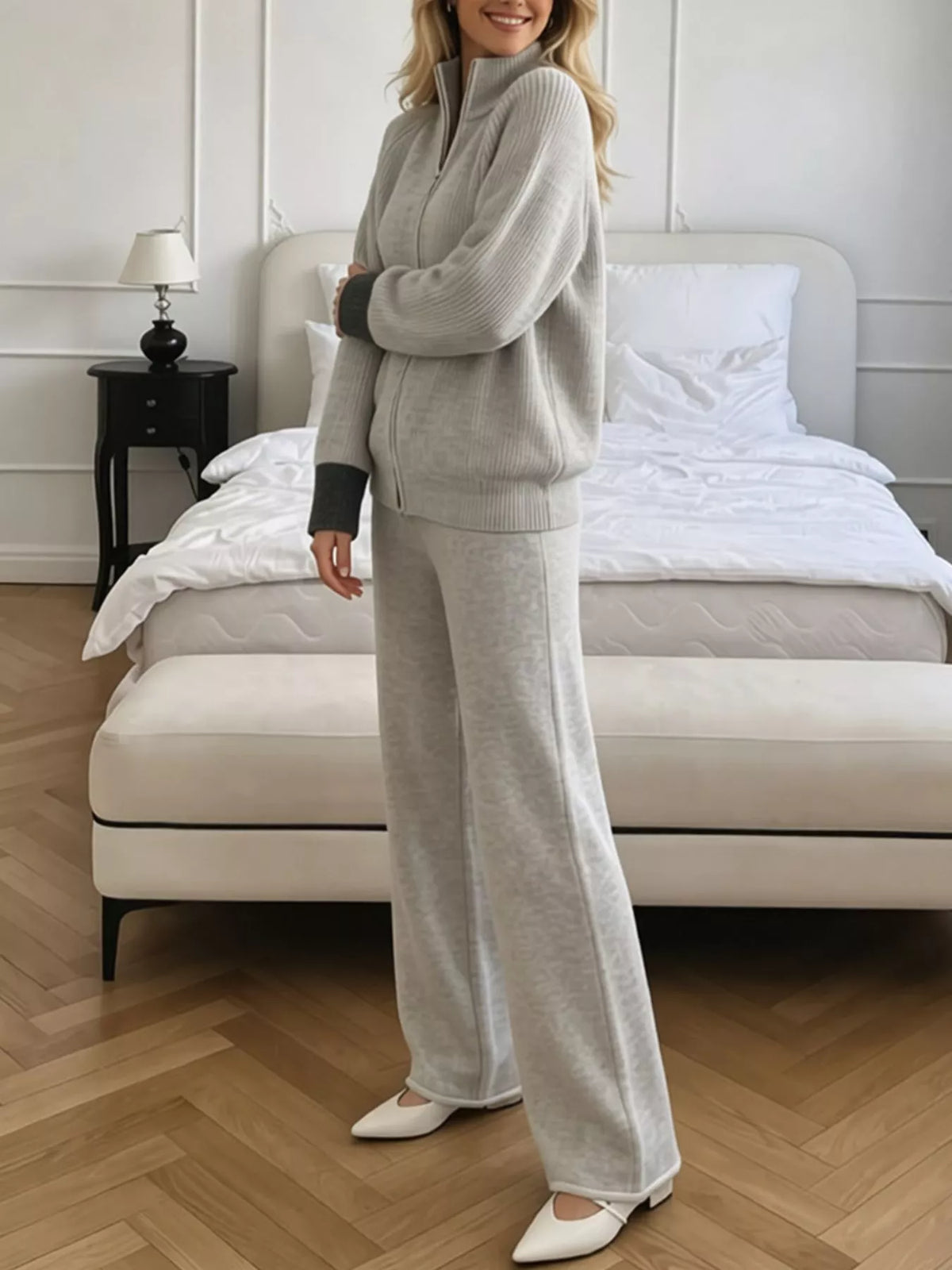 Zip-Up Contrast Cuff Cardigan and Pants Sweater Set