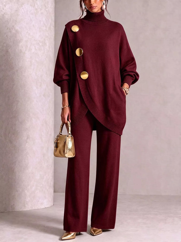 Full Size Elegant Turtleneck Asymmetric Button-Decorated Sweater and Pants Set Plus Size