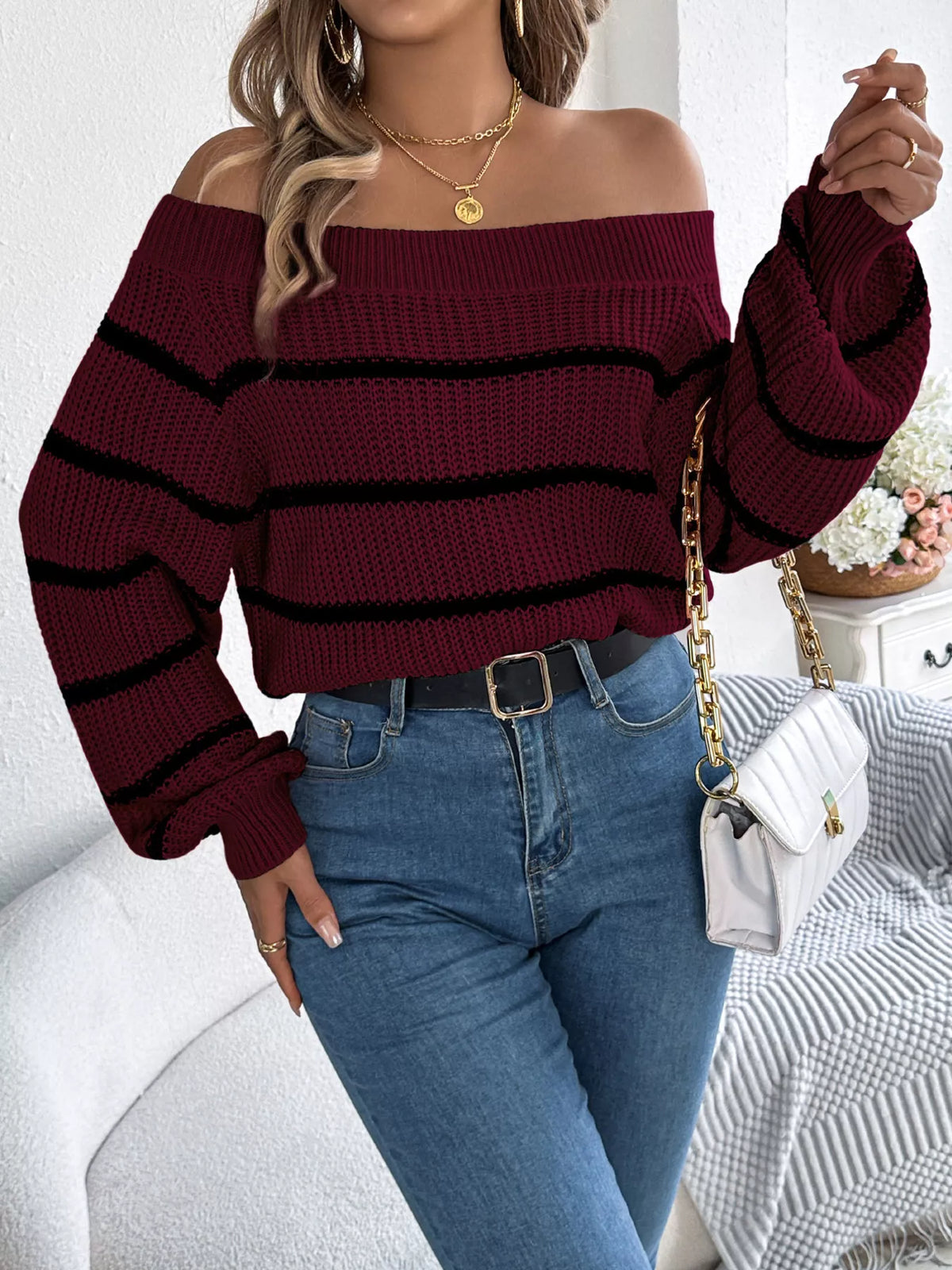 Off-Shoulder Striped Contrast Sweater