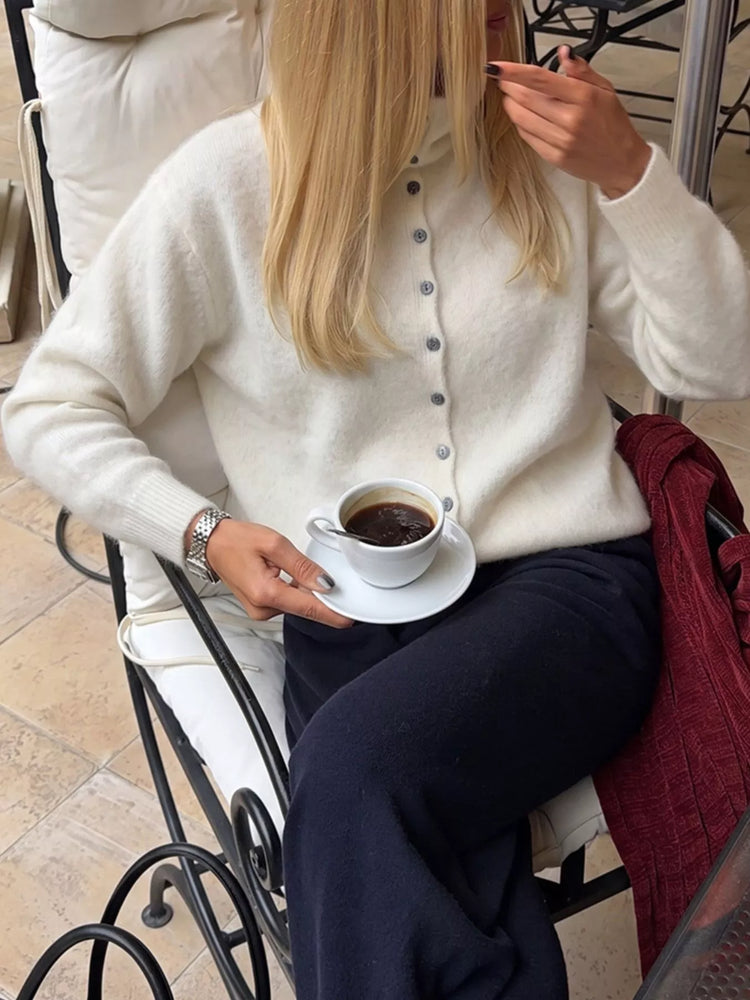 Mock Neck Button-Down Fuzzy Knit Cardigan