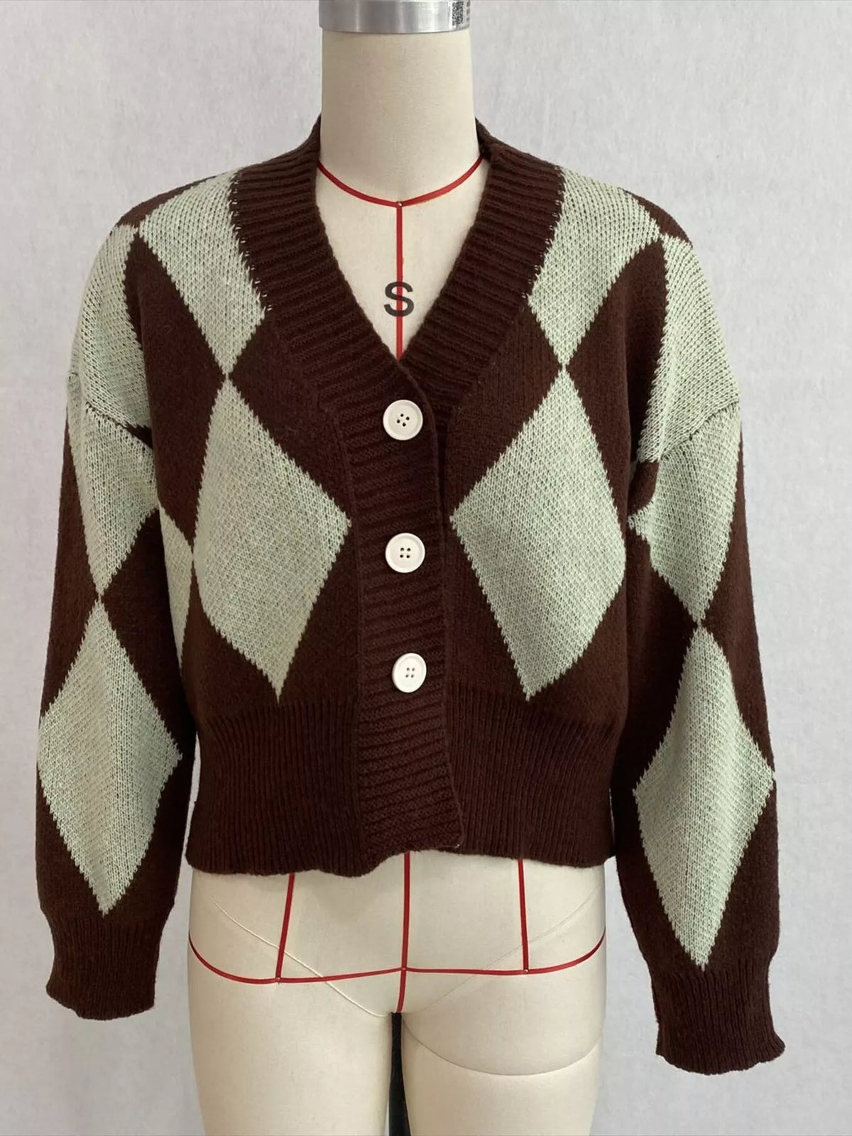 Argyle Pattern V-Neck Button-Down Cardigan