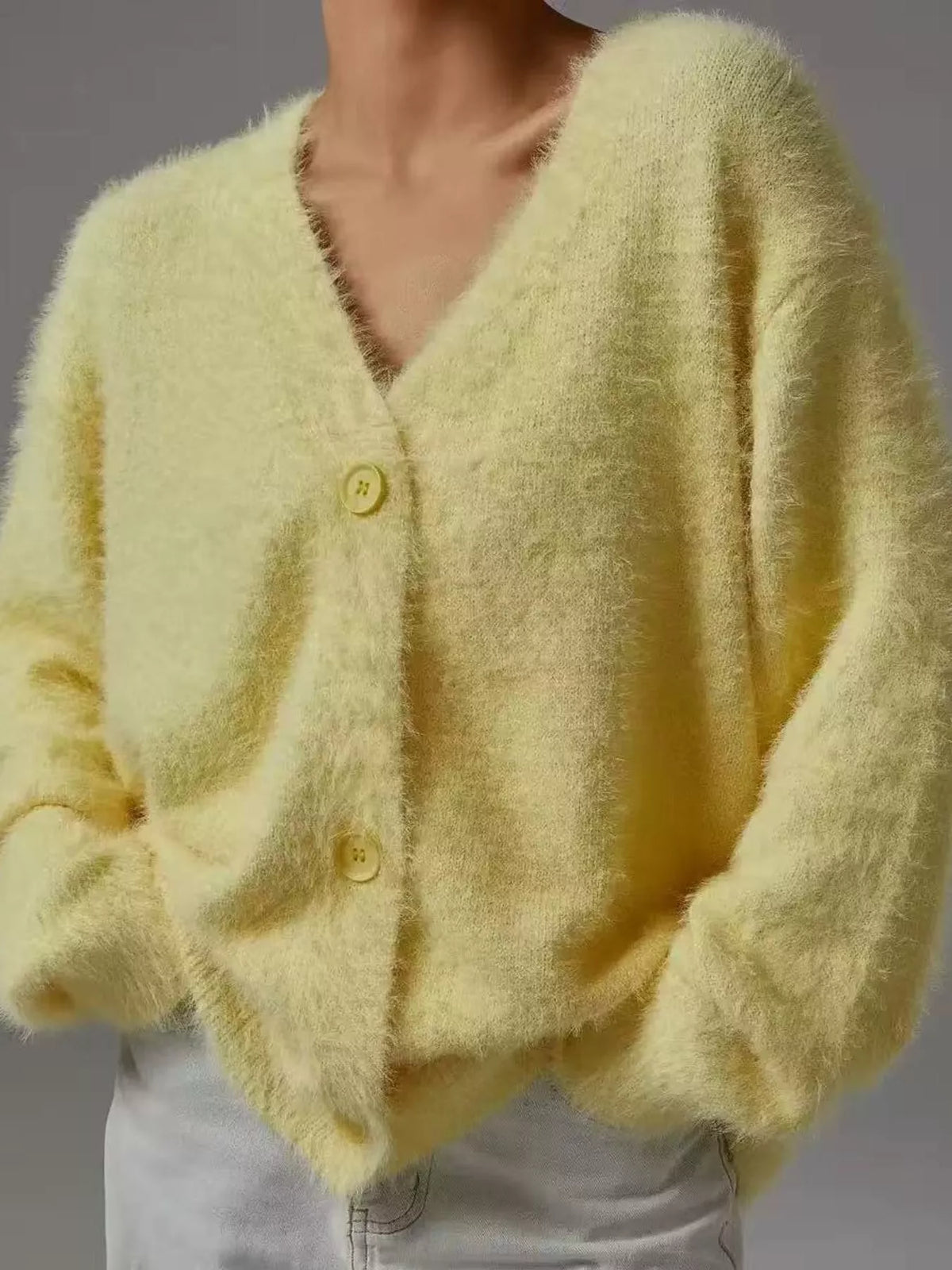 Fuzzy V-Neck Button-Down Cardigan