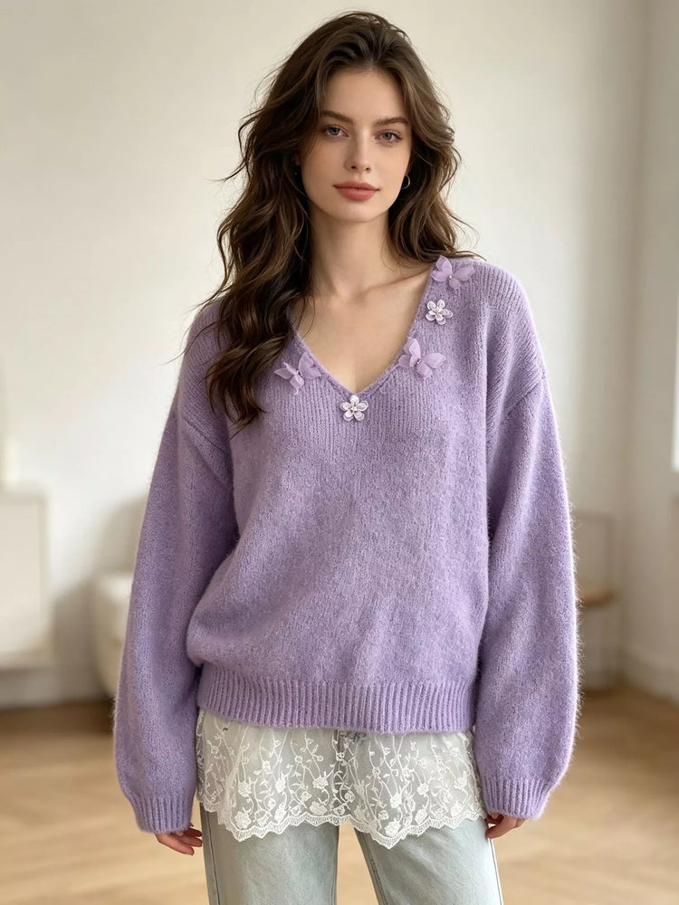 V-Neck Floral Applique Lace Hem Sweater