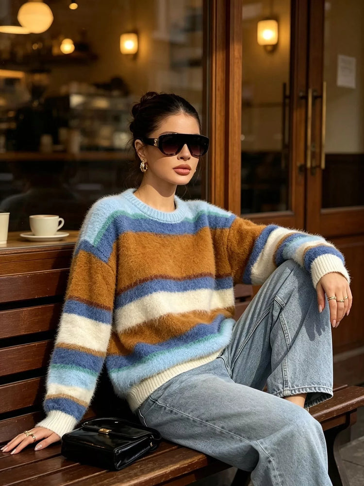 Fuzzy Striped Crew Neck Sweater