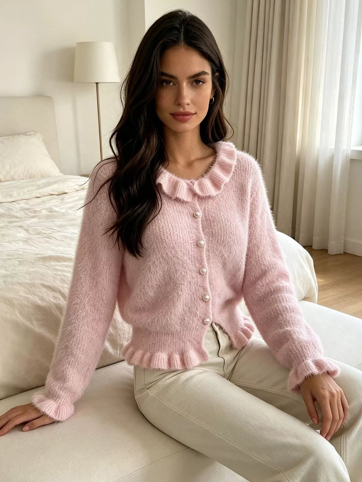 Soft Fuzzy Cardigan with Ruffled Collar and Pearl Buttons