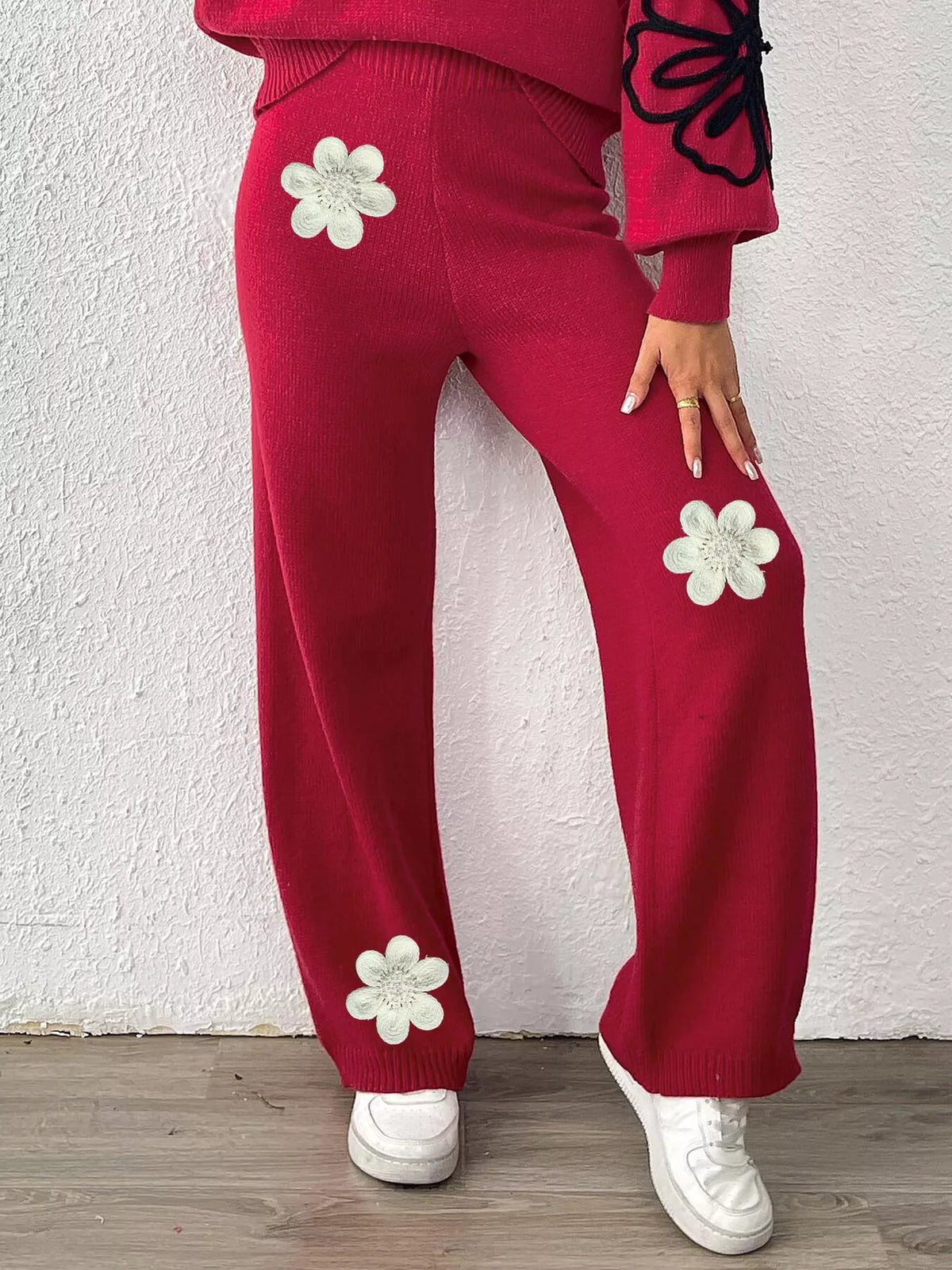 High-Waisted Wide-Leg Sweater Pants with Floral Beaded Decor