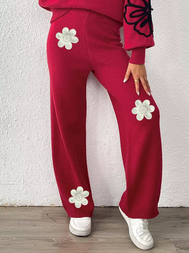 High-Waisted Wide-Leg Sweater Pants with Floral Beaded Decor