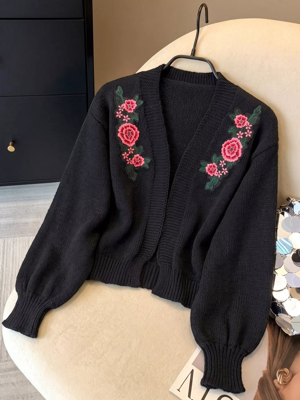 Floral Embroidered Applique Knit Cardigan