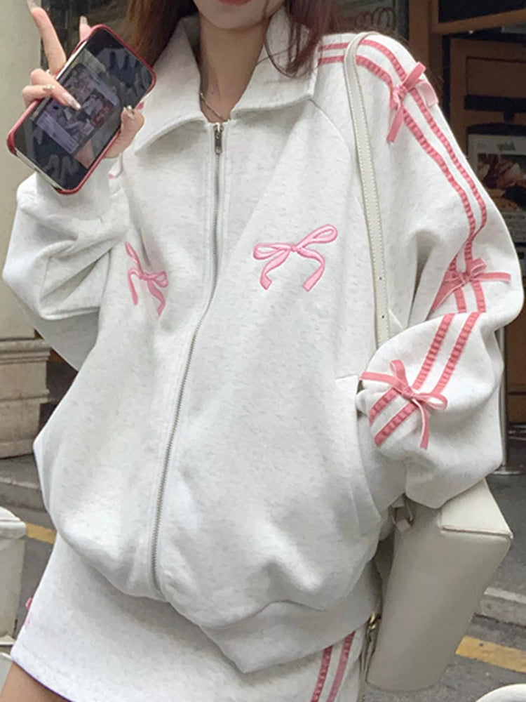 Bow Embroidered Zip-Up Sweatshirt