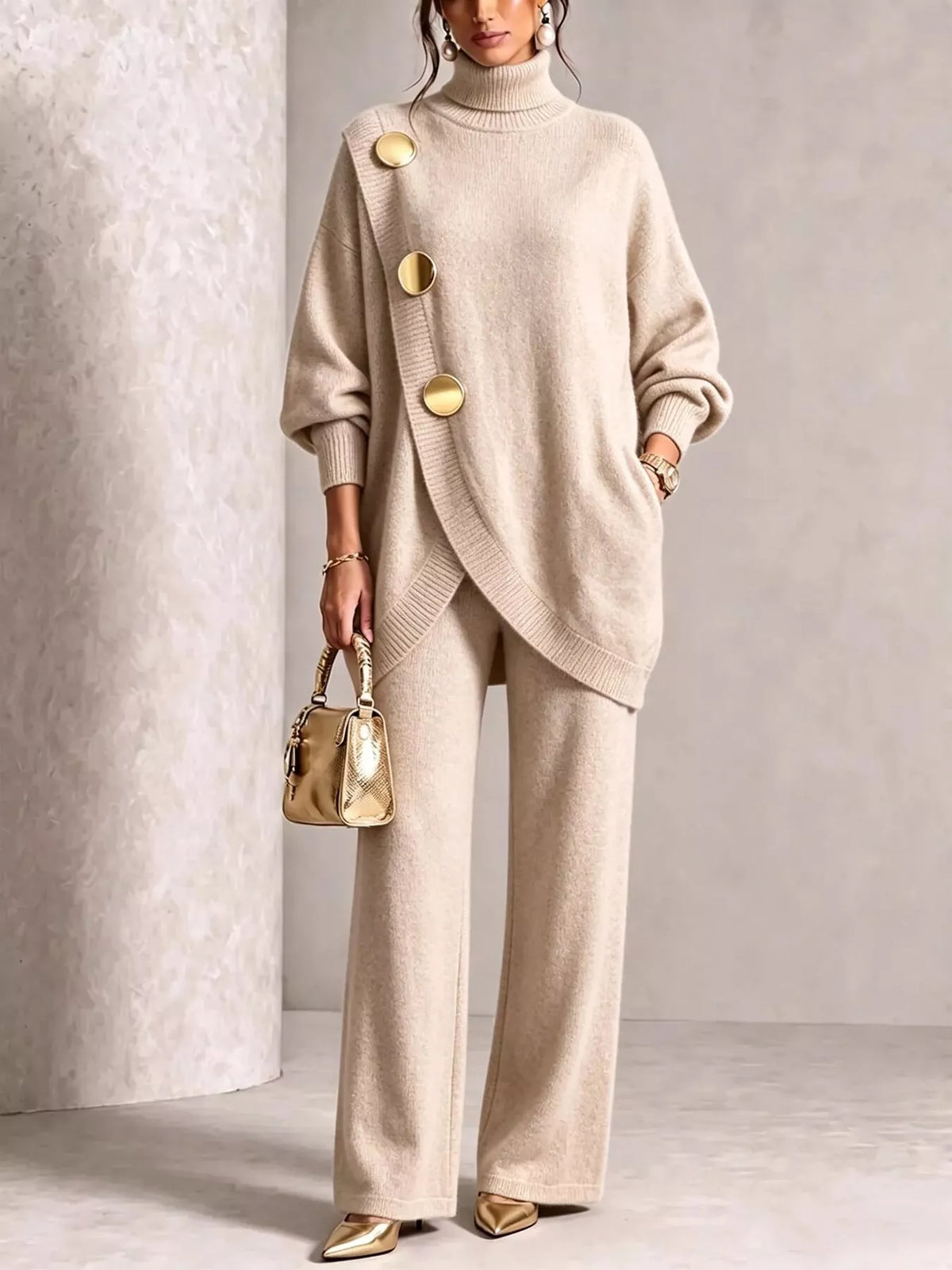 Gold Button Accent Turtleneck Sweater and Pants Set