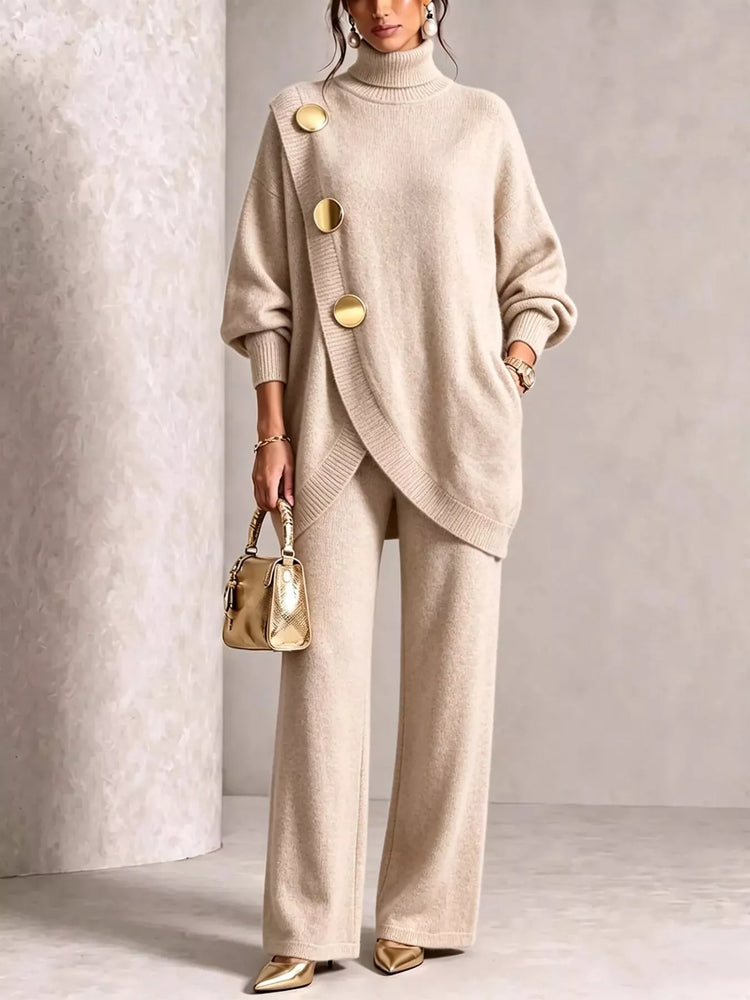 Gold Button Accent Turtleneck Sweater and Pants Set