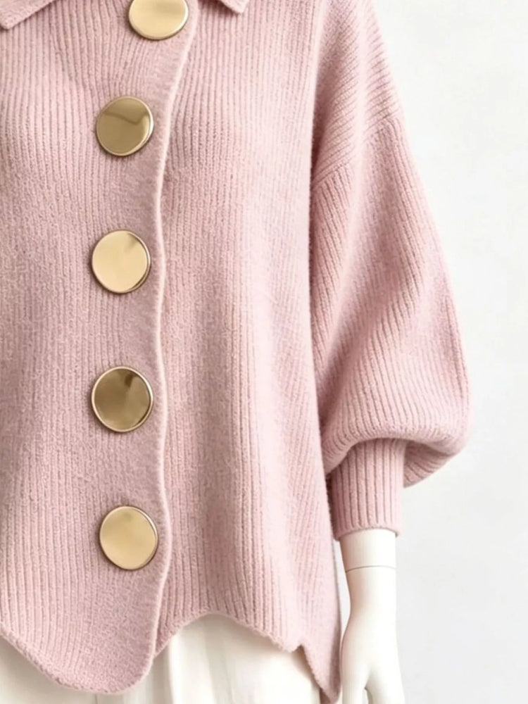 Full Size Collared Wavy Hem Knit Cardigan with Metal Button Plus Size