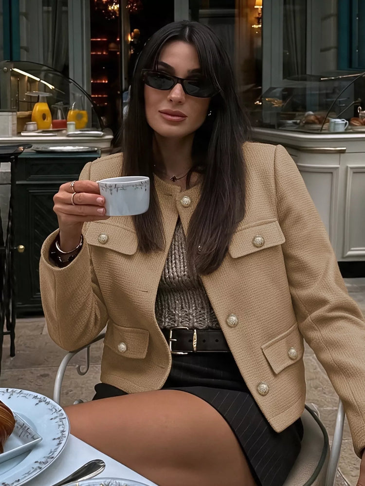 Textured Cropped Jacket with Gold-Tone Button