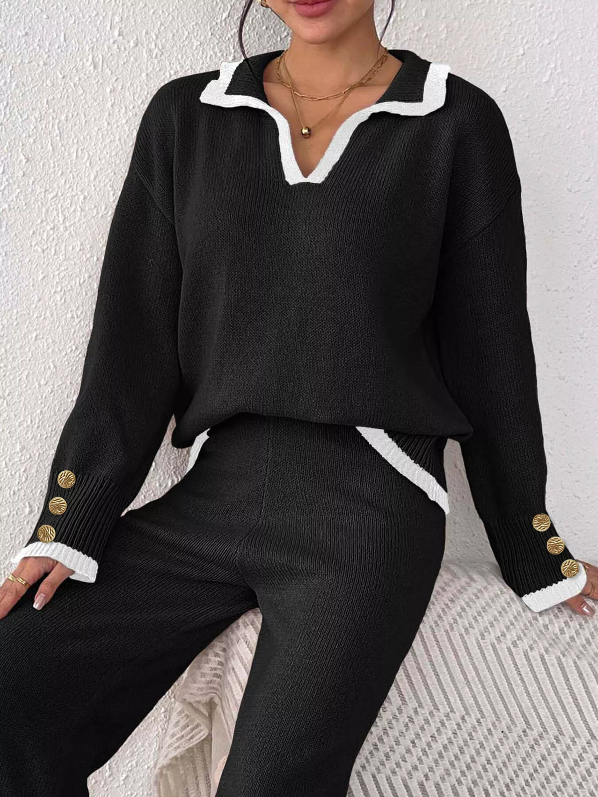 Contrast Trim Polo Collar Sweater