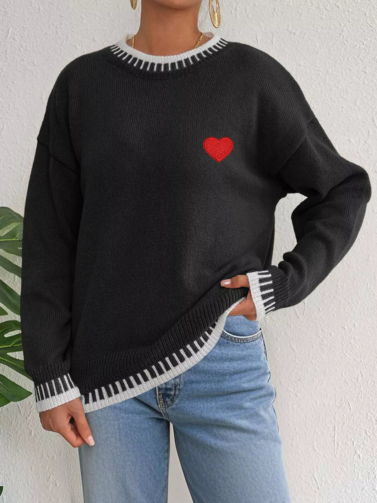 Heart-Embroidered Contrast Trim Sweater