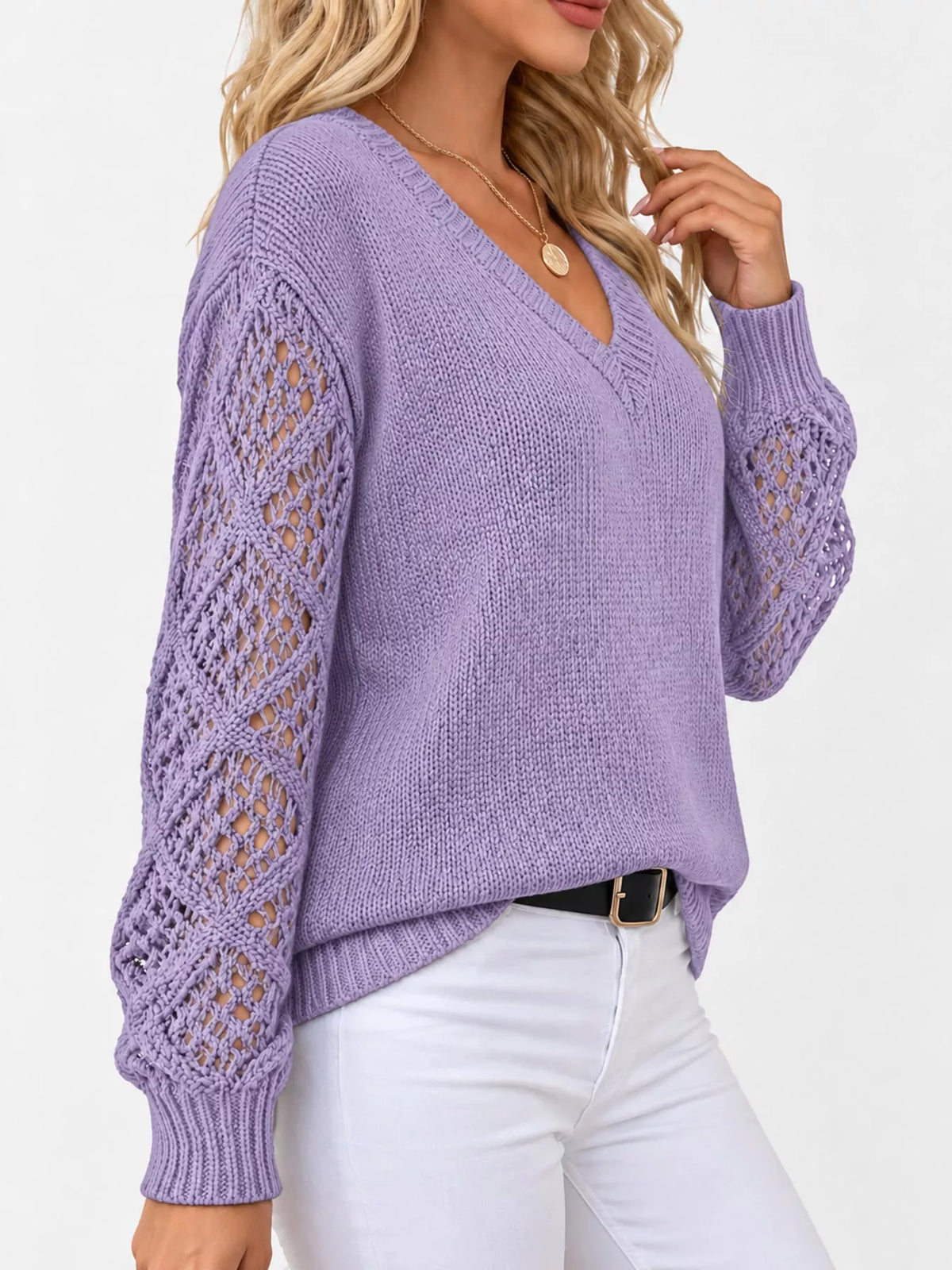 Full Size V-Neck Hollow-Out Long Sleeve Sweater Plus Size