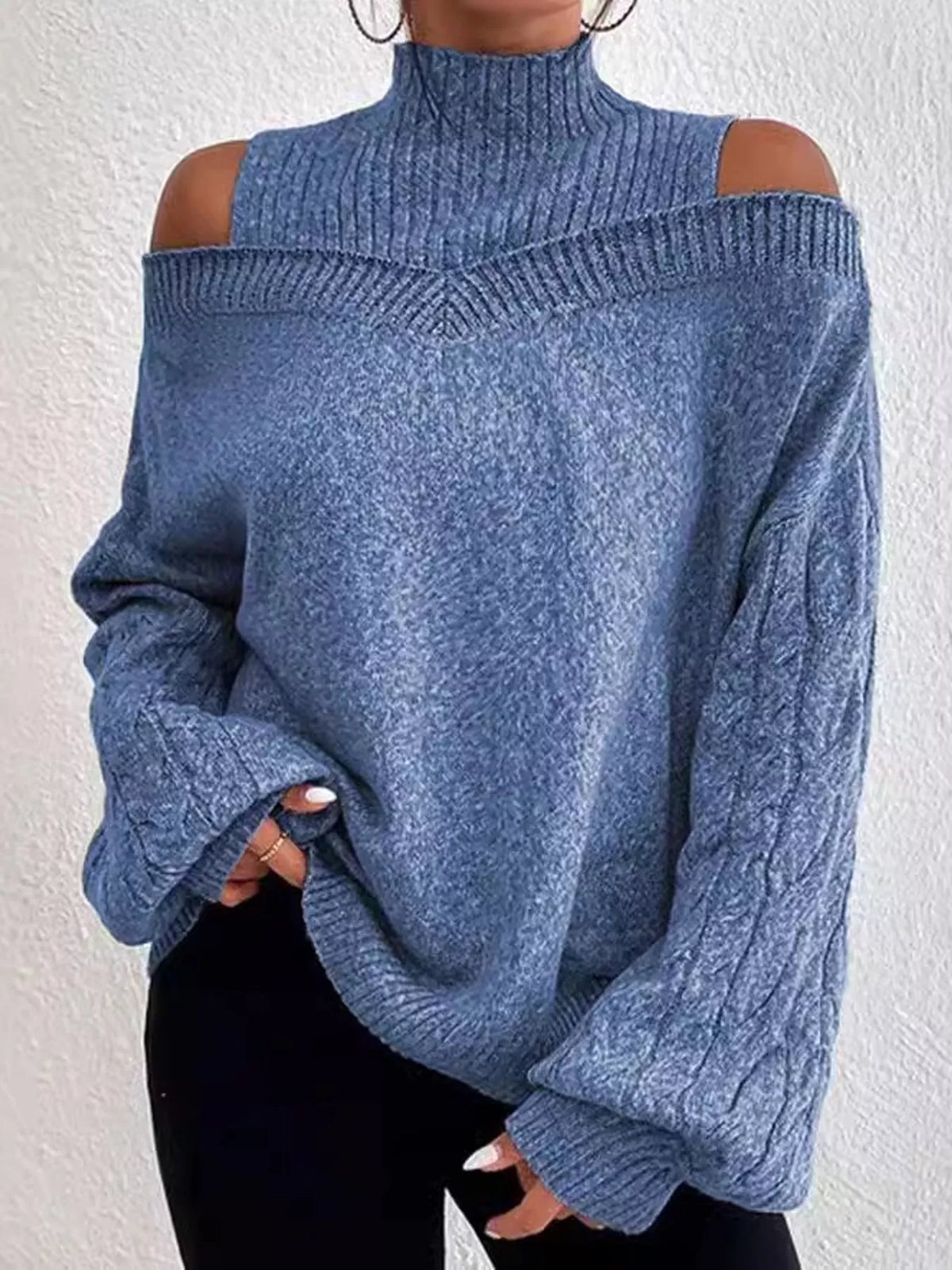 Full Size Cold Shoulder Mock Neck Cable Knit Sweater Plus Size