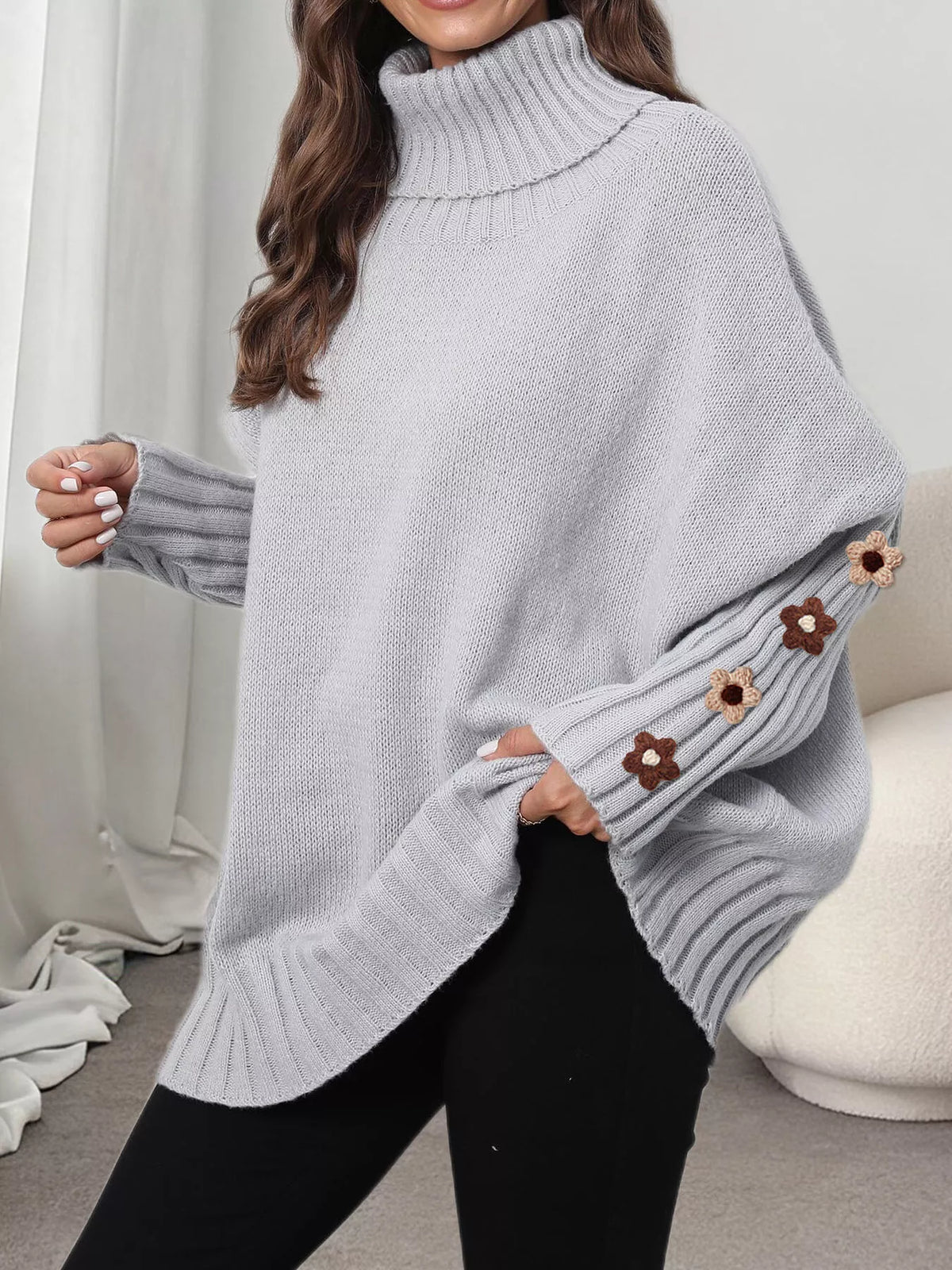 Oversized Turtleneck Sweater with Floral Applique Sleeves