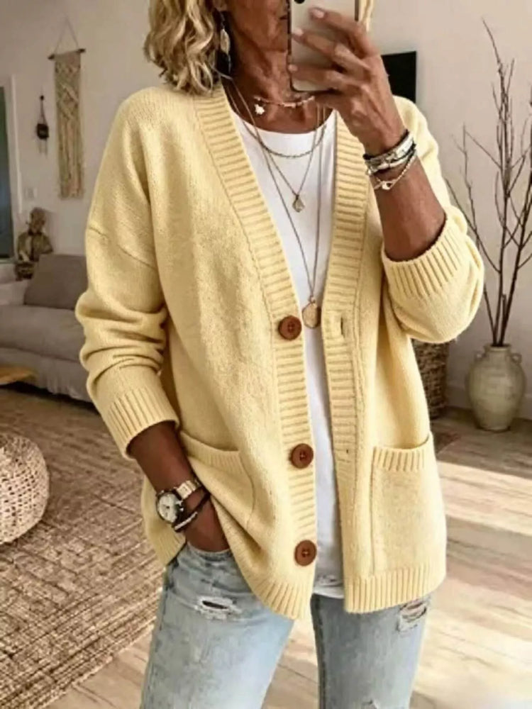 Casual V-Neck Button-Down Knit Cardigan with Pockets