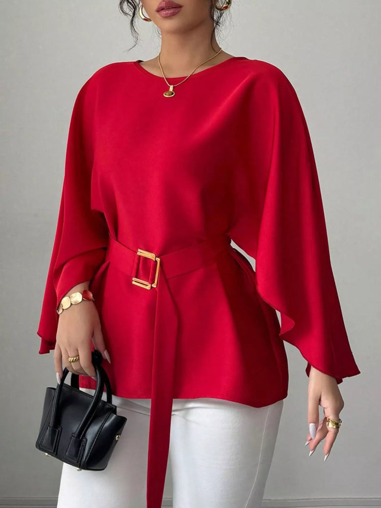 Round Neck Belt Batwing Sleeve Blouse