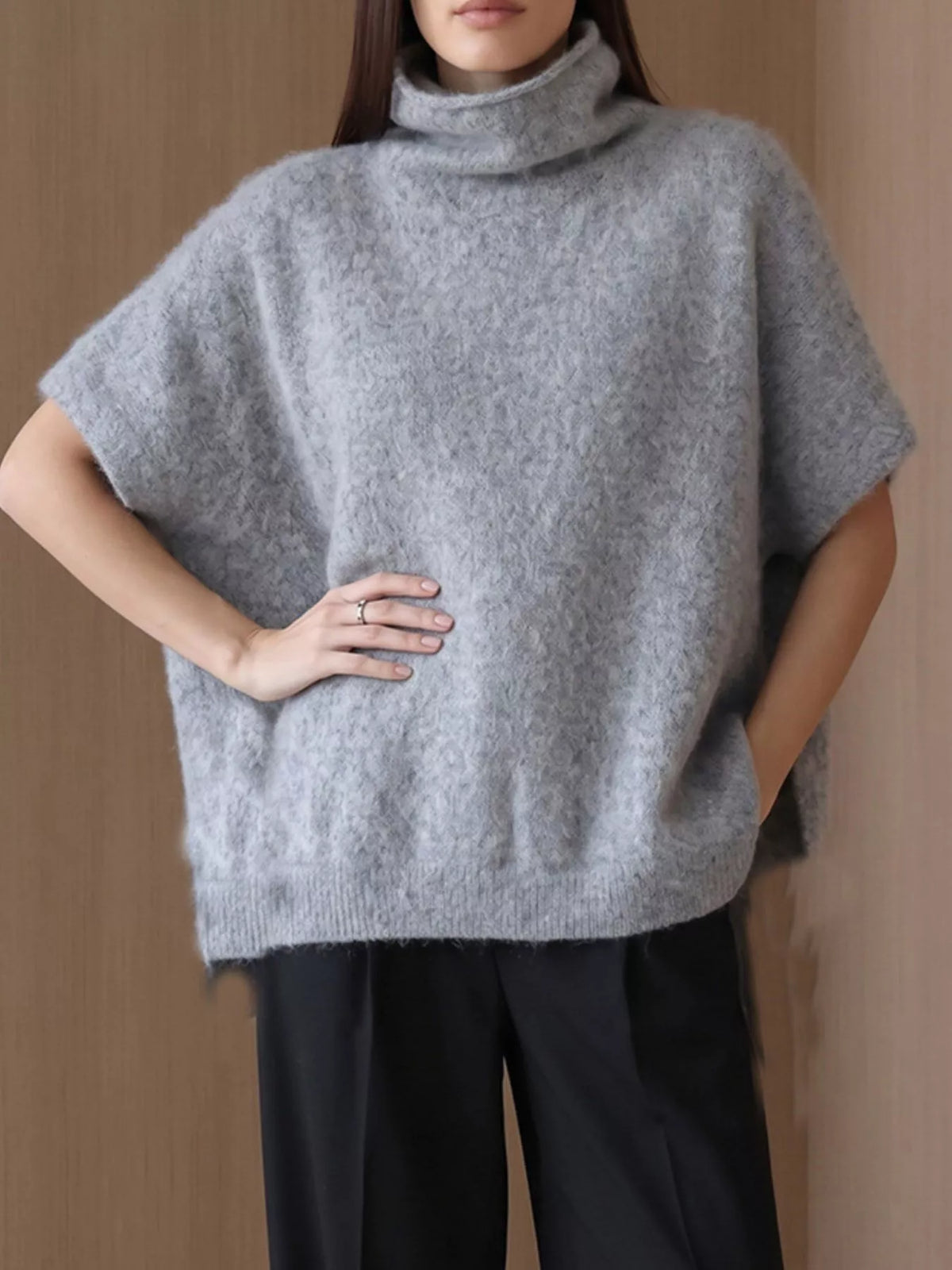 Turtleneck Fuzzy Short Sleeve Sweater