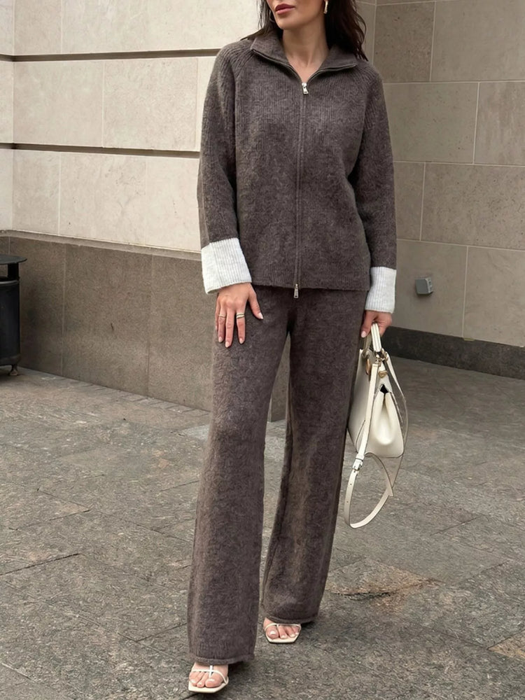 Zip-Up Contrast Cuff Cardigan and Pants Sweater Set