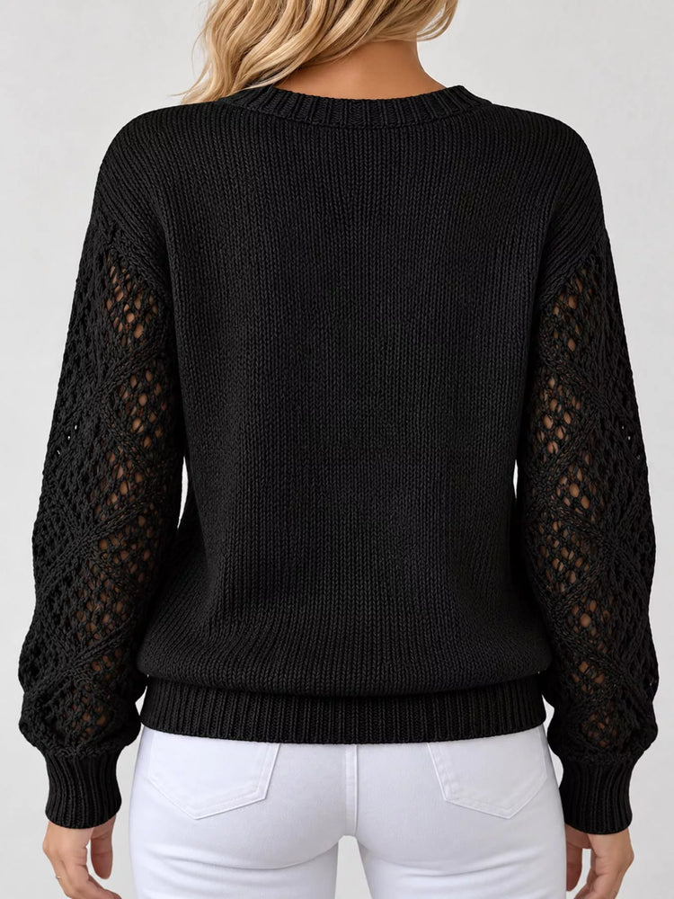 Full Size V-Neck Hollow-Out Long Sleeve Sweater Plus Size