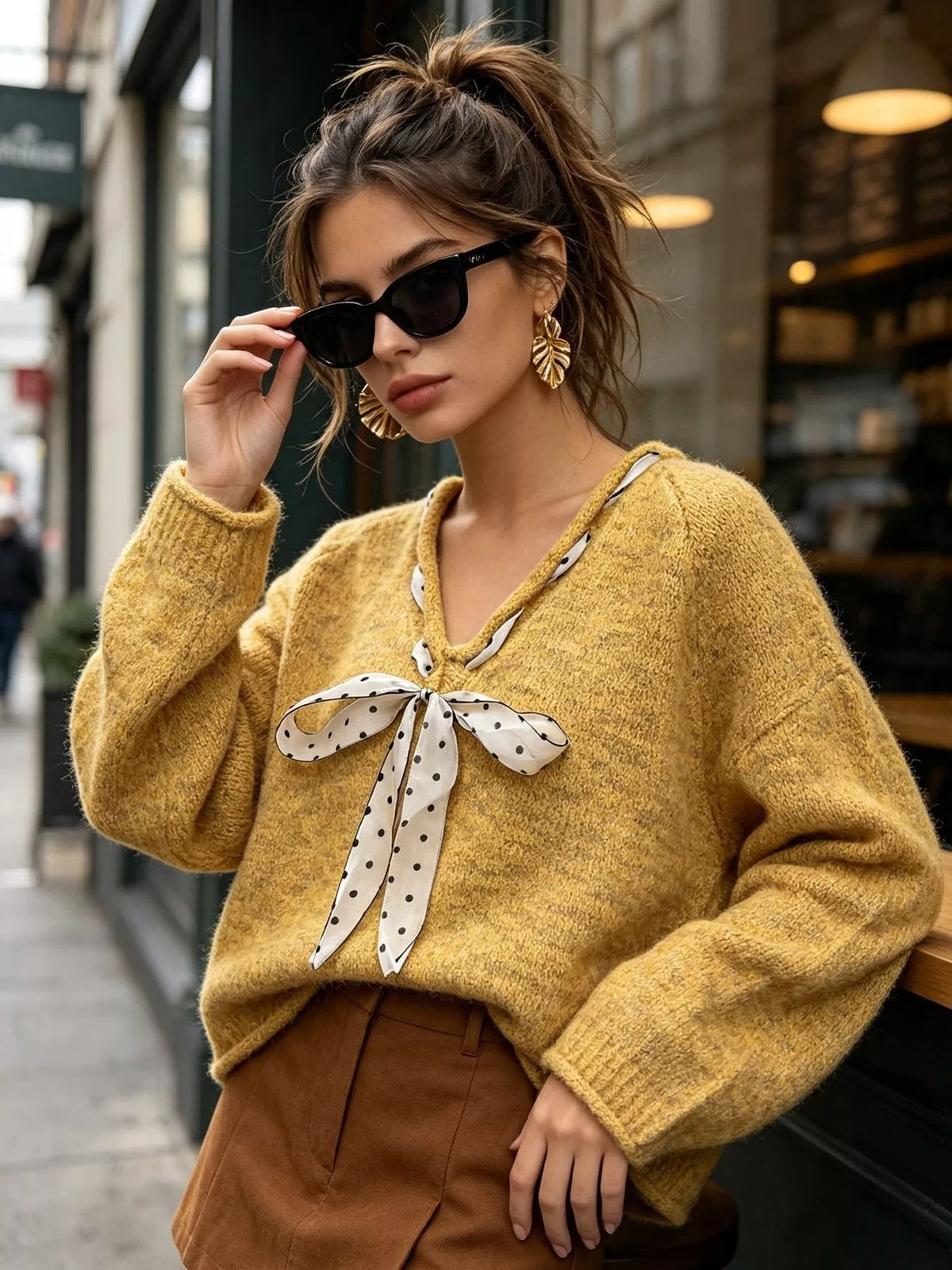 Chic V-Neck Sweater with Polka Dot Ribbon Tie
