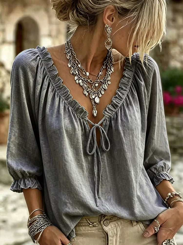 Frill Tie Neck 3/4 Sleeve Blouse