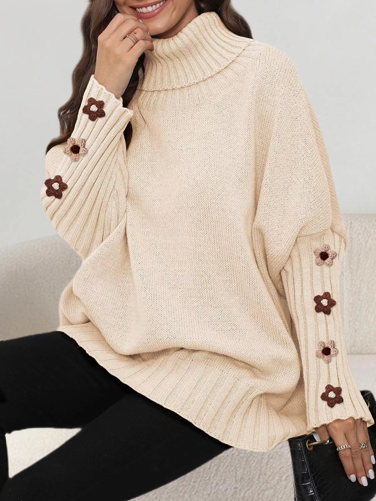 Oversized Turtleneck Sweater with Floral Applique Sleeves