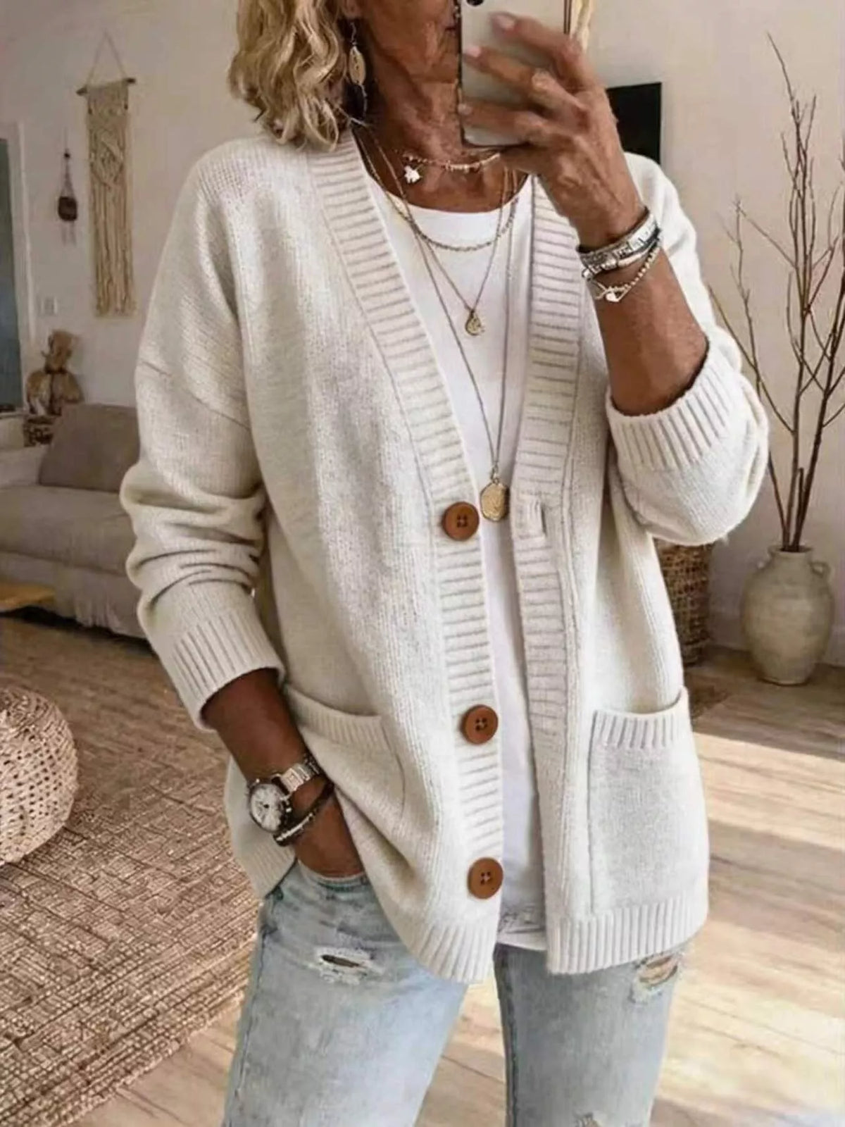 Casual V-Neck Button-Down Knit Cardigan with Pockets
