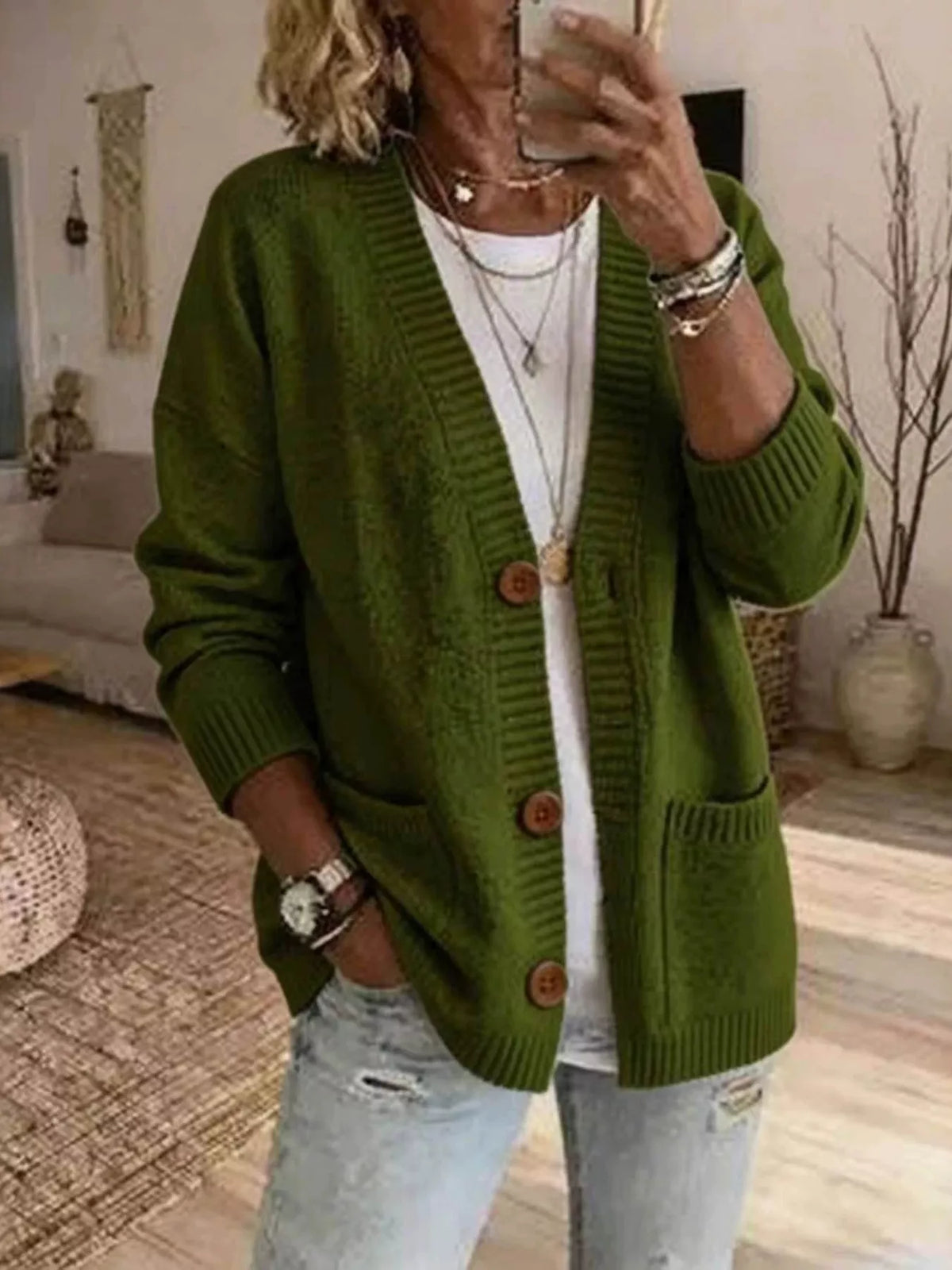 Casual V-Neck Button-Down Knit Cardigan with Pockets
