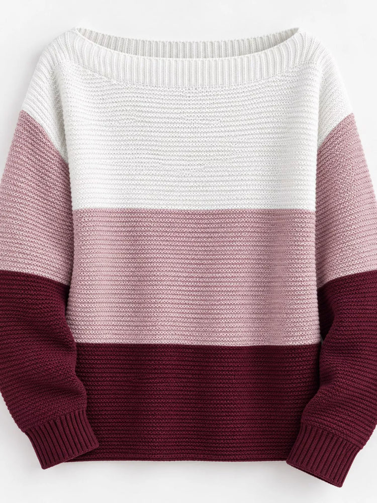 Full Size Color-Block Boat Neck Sweater Plus Size