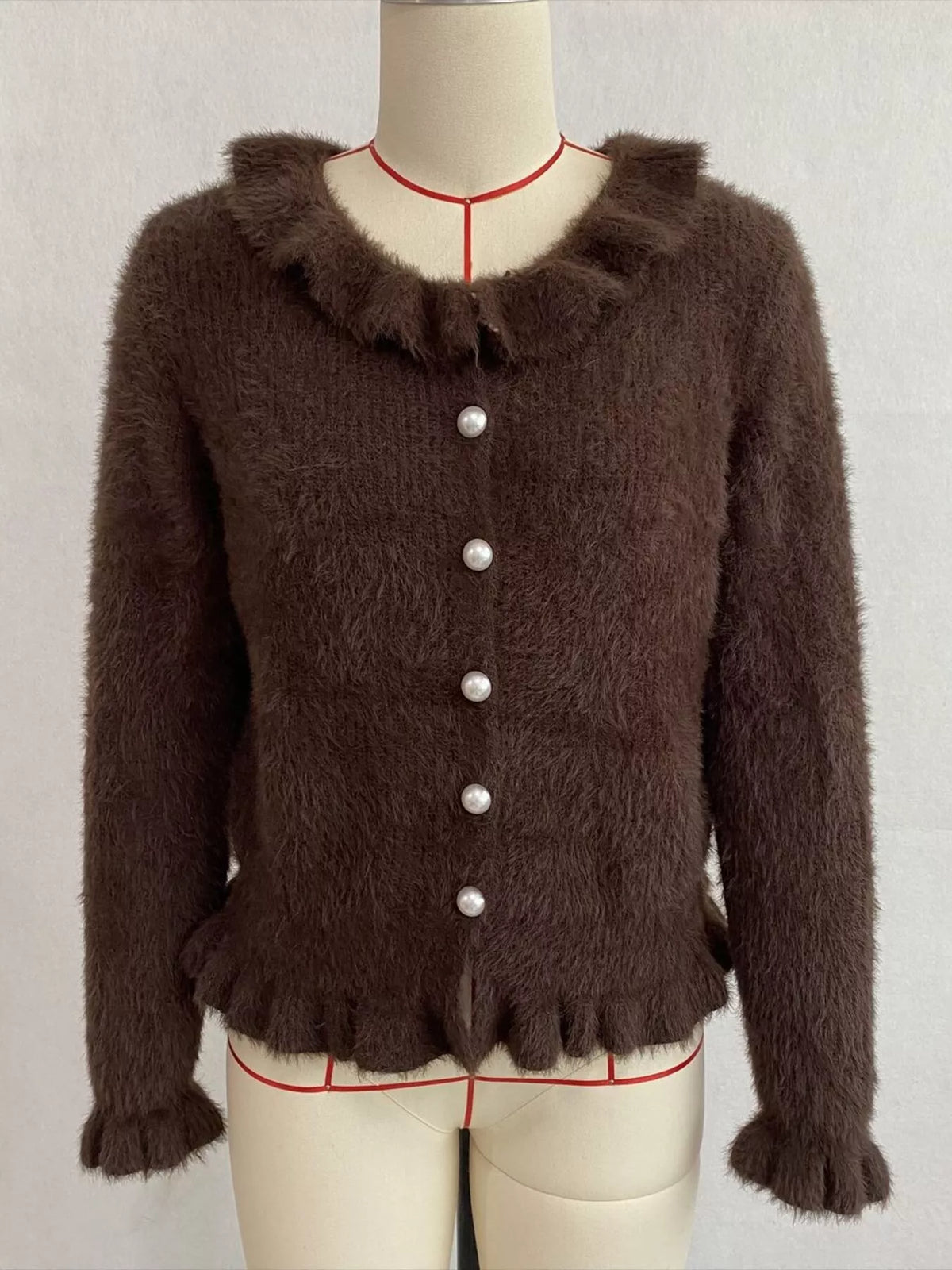 Soft Fuzzy Cardigan with Ruffled Collar and Pearl Buttons