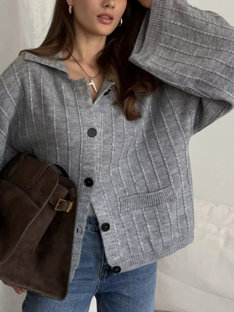 Texture Knit Cardigan with Wide Sleeves and Collar