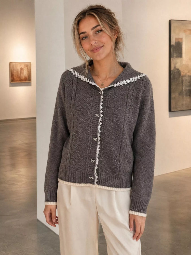 Cable-Knit Cardigan with Lace Trim