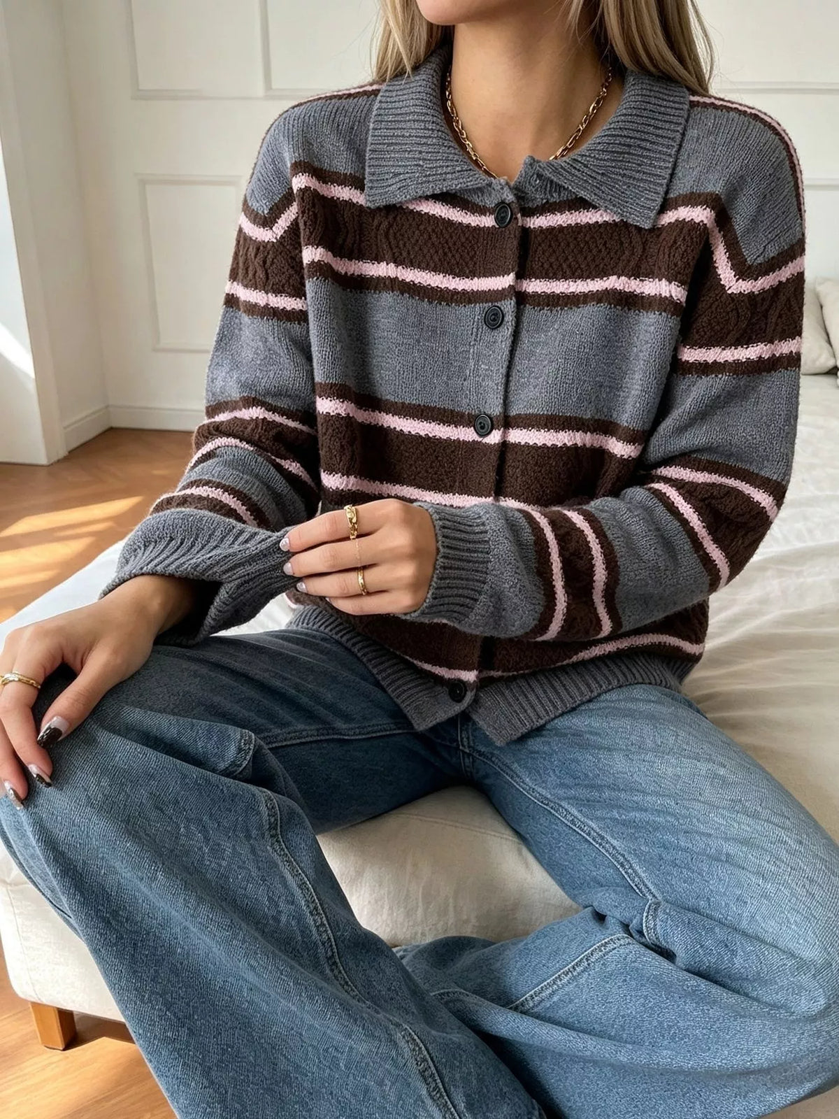 Vintage-Inspired Striped Knit Cardigan with Polo Collar
