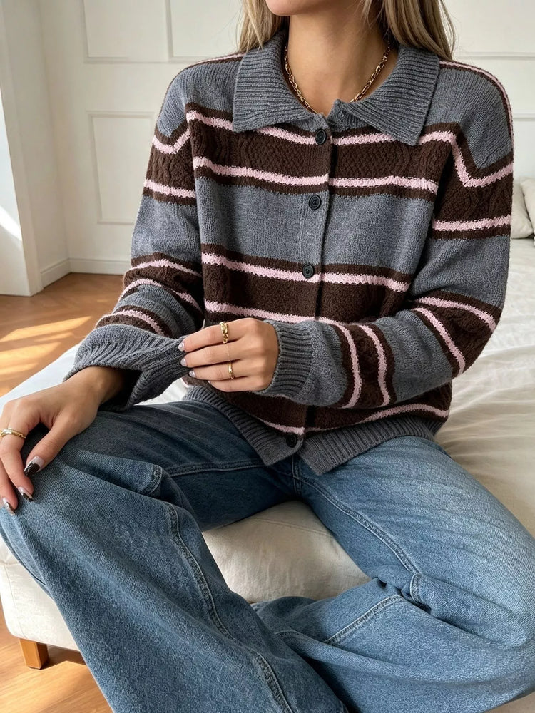 Vintage-Inspired Striped Knit Cardigan with Polo Collar
