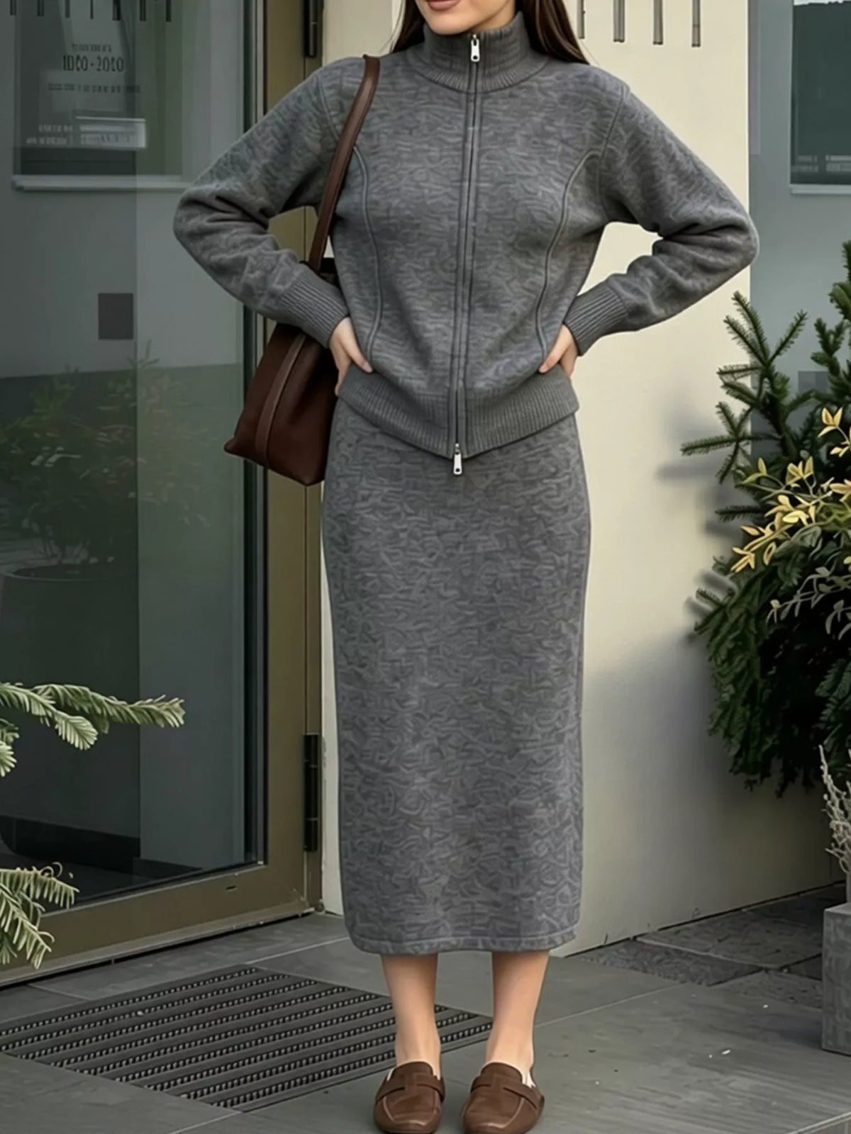 Zip-Up Mock Neck Cardigan and Matching Midi Skirt Sweater Set
