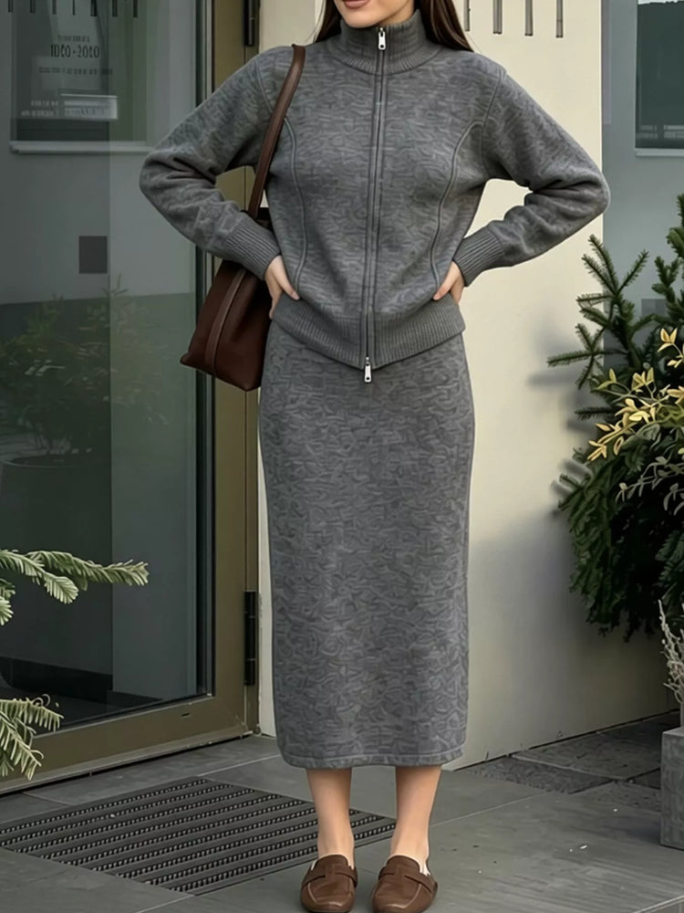 Zip-Up Mock Neck Cardigan and Matching Midi Skirt Sweater Set
